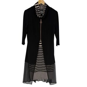 Joseph Ribkoff Cowl Neck Midi Dress Black Striped Mesh Hem Zipper Front Stretch